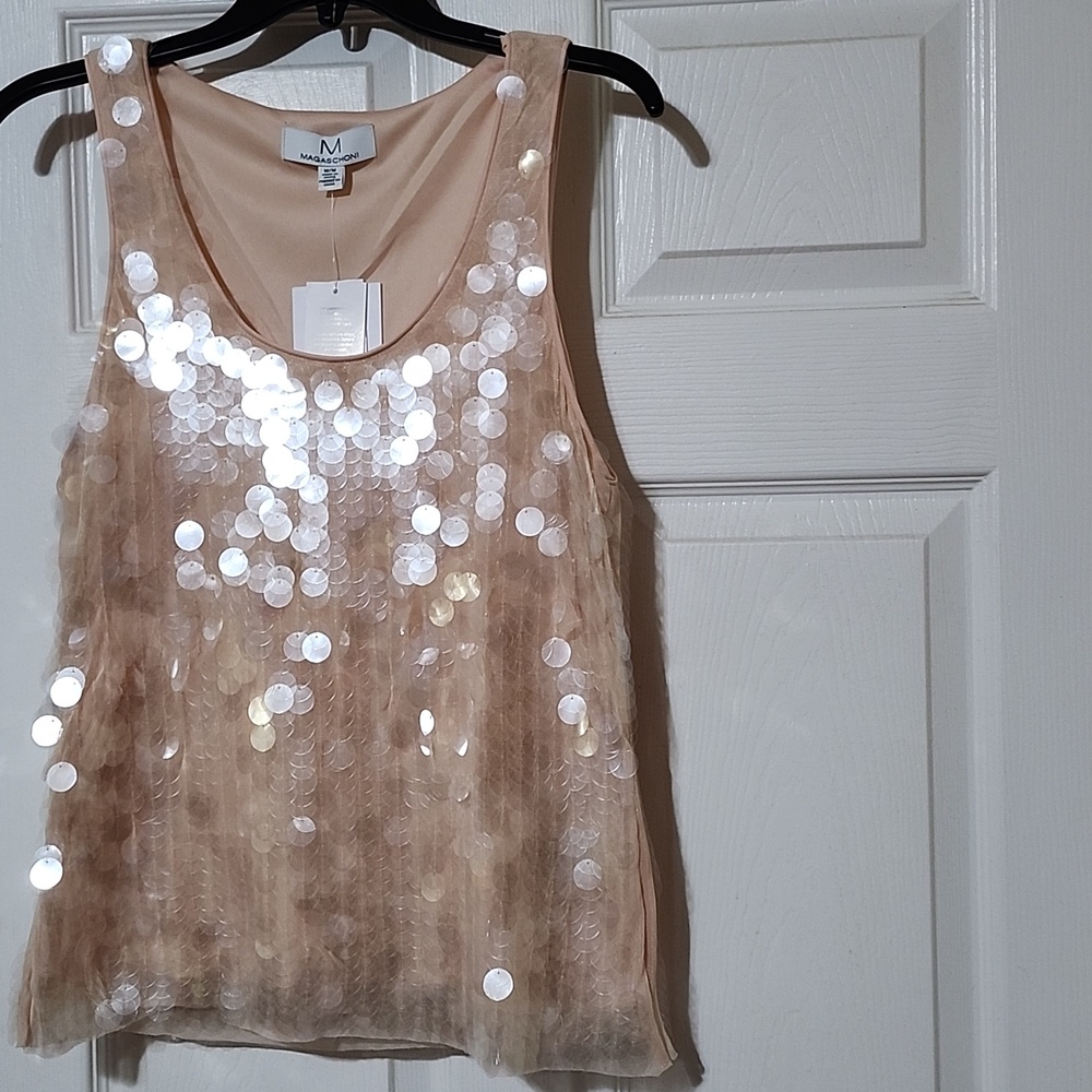 Magaschoni Beige Sequin-Embellished Sleeveless Tank